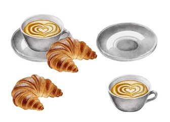 Coffee, latte, cappuccino with croissant on white background. Watercolor illustration for cafe, coffee shop, pastry shop, bakery 