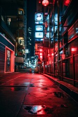 Fototapeta premium Nighttime Cityscape with Red Neon Lights