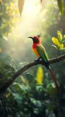 Beautiful exotic colorful bird in the forest with blur background