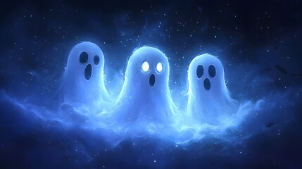 Three playful cartoon ghosts glowing in a mystical blue atmosphere.