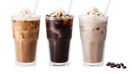 iced coffee beverages in clear cups with straws