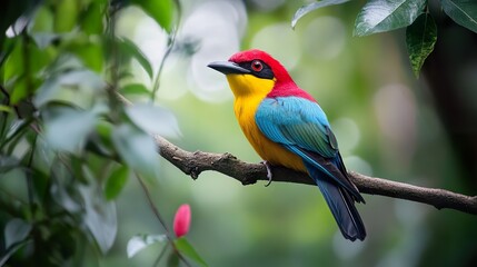 Beautiful exotic colorful bird in the forest with blur background