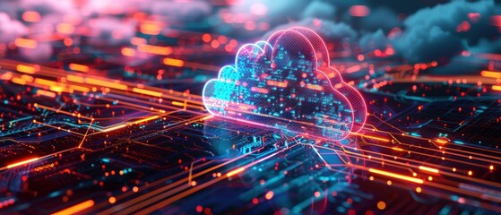 Futuristic High-Tech Cloud Computing Network in  Hologram with Neon Light Connections