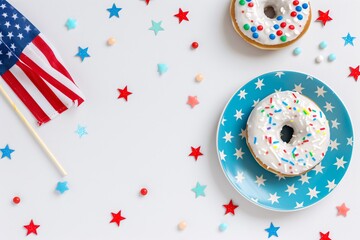 Obraz premium 5. Festive flat lay with white-frosted donut on blue star-patterned plate, red, white, and blue stars, candy, miniature American flag on skewer on the left, right side empty for text or design, clean