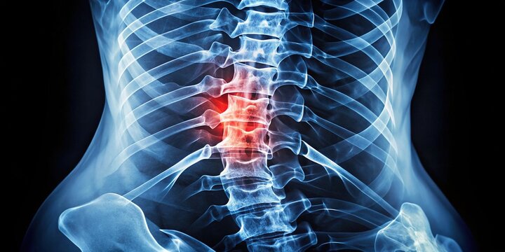 Close-up X-ray of the spine showing degenerative changes, bone spurs, and narrowing discs, indicative of spondylosis, a common condition causing back pain and stiffness.