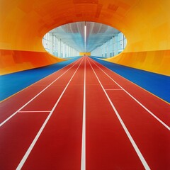 5. Red running lanes with white lane markings on a curved track, indoor stadium setting, yellow border, blue interior field, empty sports facility, high-angle view capturing competition venue, taken