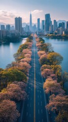 Fototapeta premium Aerial Urban Oasis: Modern Cityscape with Scenic Highway, Tranquil Lake, and Lush Gardens. Breathtaking Panoramic View for Travel Inspiration, Urban Planning, and Holiday Marketing. Versatile Backgrou
