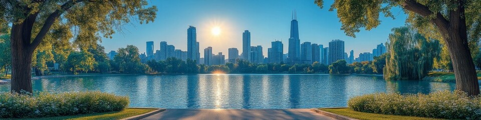Fototapeta premium Aerial Urban Oasis: Modern Cityscape with Scenic Highway, Tranquil Lake, and Lush Gardens. Breathtaking Panoramic View for Travel Inspiration, Urban Planning, and Holiday Marketing. Versatile Backgrou