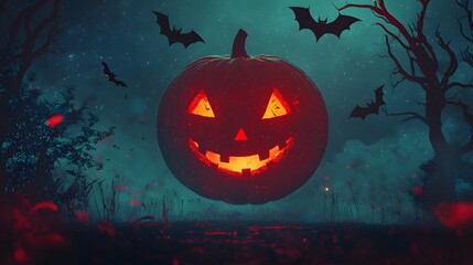 Naklejka premium Spooky glowing Halloween pumpkin with bats in a misty, moonlit forest setting.