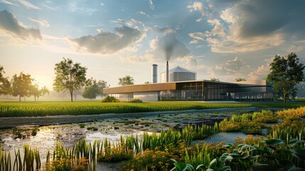 Obraz premium Modern Industrial Complex Amidst a Serene Landscape