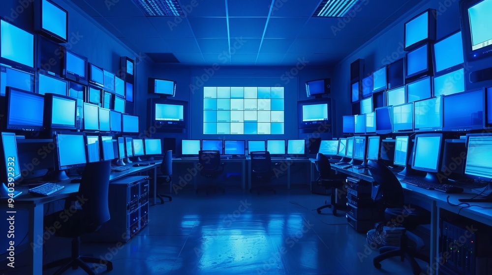 Poster modern computer lab with blue screens displaying digital data in a high-tech office environment – cl