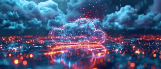 Fototapeta premium Futuristic Hologram Displaying Cloud Computing Network with Glowing Nodes - Technology and Innovation Concept