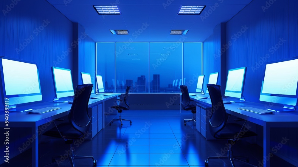 Poster modern computer lab with blue screens displaying digital data in a high-tech office environment – cl