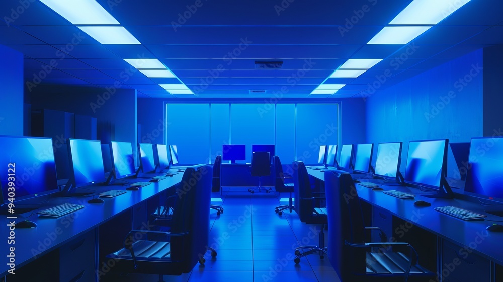 Poster modern computer lab with blue screens displaying digital data in a high-tech office environment – cl