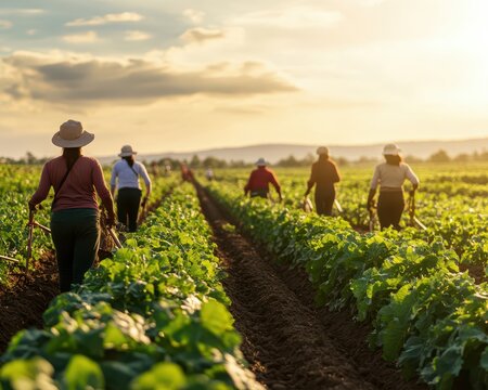 Female farm workers harvesting crops under the sun, showcasing strength and unity, Rural labor girls, Agricultural workforce