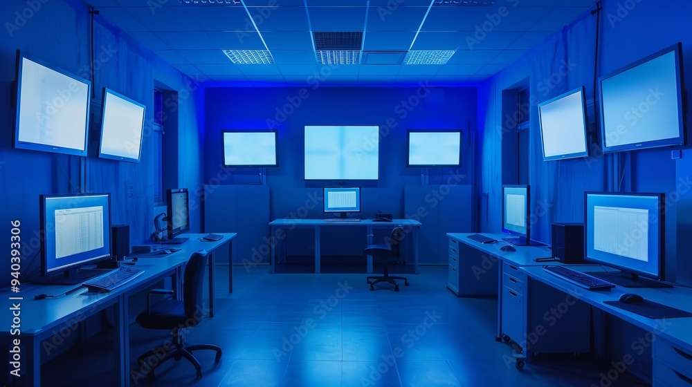 Poster modern computer lab with blue screens displaying digital data in a high-tech office environment – cl