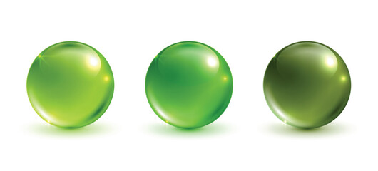 Glass cosmetics ball, shiny and green glass balls collection on white background. vector round circle.