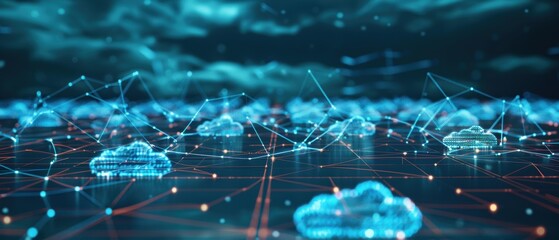 Futuristic  Hologram of Cloud Network with Interconnected Data Points and Pathways, Modern Technology Concept