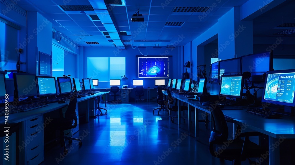 Poster modern computer lab with blue screens displaying digital data in a high-tech office environment – cl