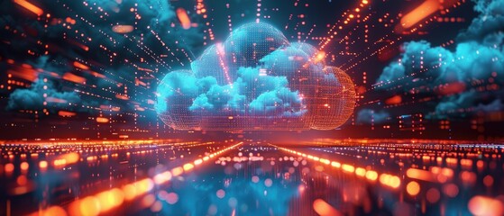Fototapeta premium Digital Security Concept: Realistic Hologram of a Secure Cloud Network Infrastructure