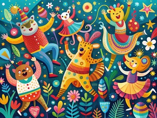 Colorful, whimsical, and abstract icons of animals, shapes, and objects dance and swirl together in a joyful, lively, and creative digital illustration.