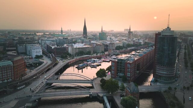 Hamburg skyline - Beautiful Sunrise Over Hamburg City and Speicherstadt