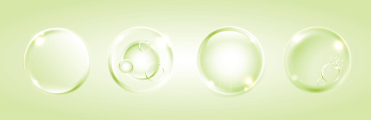 Serum, water drops of liquid or collagen on green background. beauty product, moisture, skincare colorful bubbles. skin care cosmetic hydration spots solution.