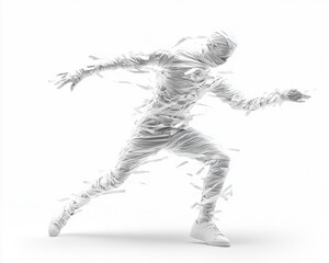 Fototapeta premium A dynamic figure wrapped in translucent material, conveying motion and energy in a minimalist environment.