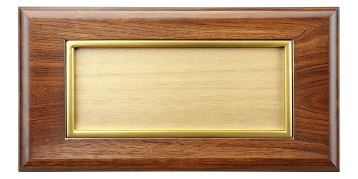 Wood frame with gold metal plaque on white background, wood, frame, gold, metal, plaque, , design, decoration, elegant