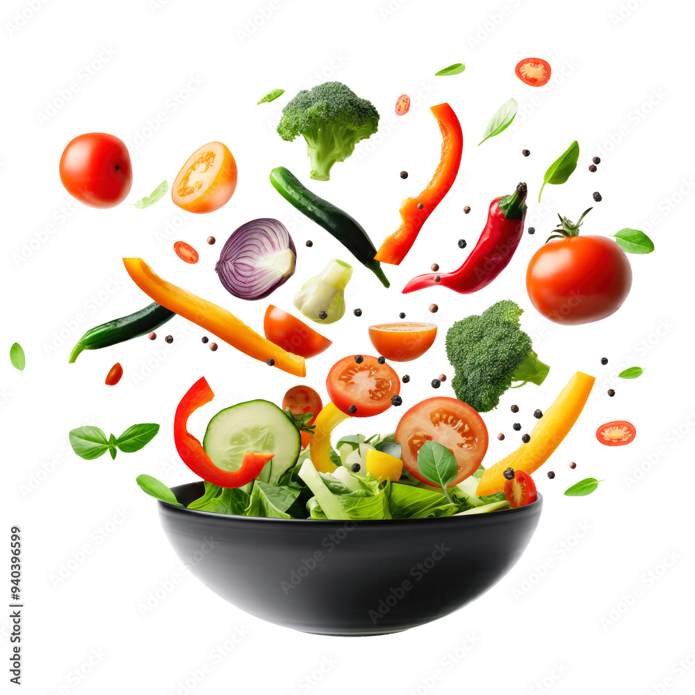 Canvas Prints flying different fresh vegetables with a black bowl isolated on transparent white background, clippi