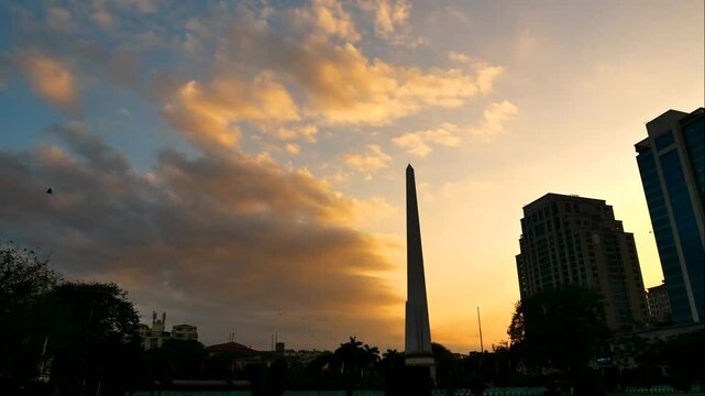 Silhouette independence myanmar monument city center on sunset. Golden time sunset sky freedom sacred worship. famous travel destinations in Myanmar Culture. Monument Place of Worship spiritual Place