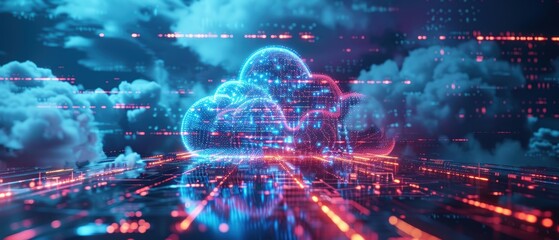 Obraz premium Futuristic Hologram Cloud Network Displaying Real-Time Data Integration