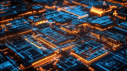 Obraz premium High-tech construction site with glowing blueprints