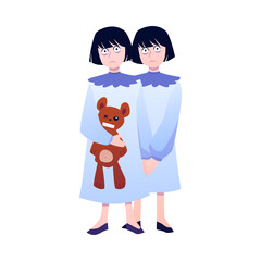 Vector illustration of twin ghosts wearing robes and carrying a teddy bear.