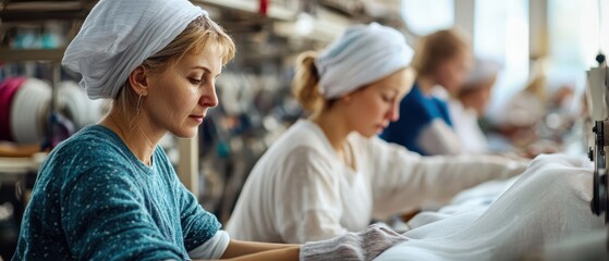 Fototapeta premium Women of various ages working in a textile factory, focusing on the detailed craftsmanship of fabric production, Female textile workers, Labor equality