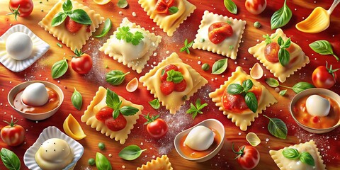 Colorful illustration of various ravioli shapes and sizes floating amidst swirling patterns of marinara sauce and melted mozzarella cheese in a whimsical kitchen scene.