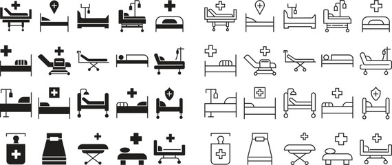 Set of Hospital bed icons in flat, Line styles. Patient bed vectors. Medical treatment. stretcher bed, recovery signs suitable for mobile app, and website designs isolated on transparent background.