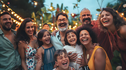 A joyful multi-generational family laughing and bonding during an outdoor celebration with string lights, capturing a vibrant and happy moment of togetherness.
