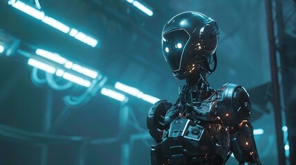Obraz premium Futuristic robot factory with advanced machinery and high-tech automation, cinematic sci-fi wallpaper featuring industrial robots, glowing blue network lines, and sleek metallic surfaces in a modern h
