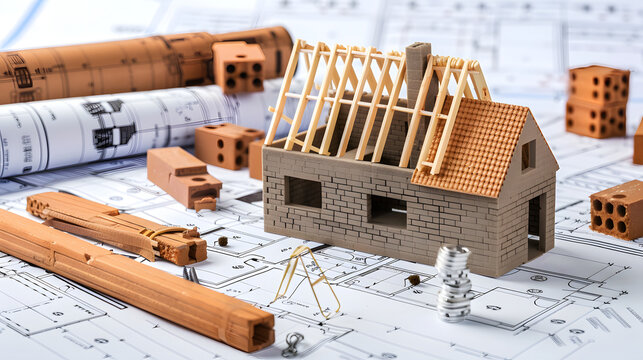 A model house with a partially built roof framework placed on architectural blueprints, surrounded by building materials and construction tools, representing home construction planning and design.