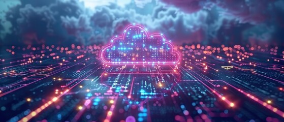 Obraz premium Futuristic Cloud Computing Network Hologram with Secure Data Transfer 