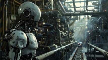 Obraz premium Futuristic robot factory with advanced machinery and high-tech automation, cinematic sci-fi wallpaper featuring industrial robots, glowing blue network lines, and sleek metallic surfaces in a modern h