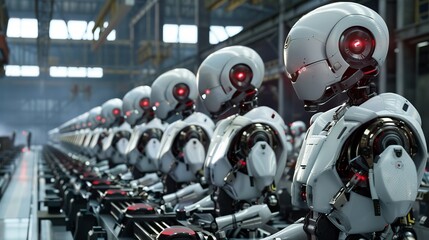 Fototapeta premium Futuristic robot factory with advanced machinery and high-tech automation, cinematic sci-fi wallpaper featuring industrial robots, glowing blue network lines, and sleek metallic surfaces in a modern h