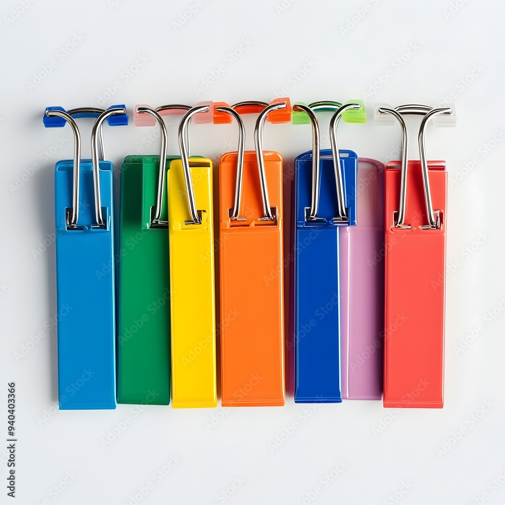 Poster a neat and orderly arrangement of colorful binder clips isolated on a light minimalist background th