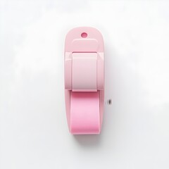 Vibrant pink tape dispenser placed at the center of a clean white background  The simple modern design of this office supply item creates a minimalist studio style product shot