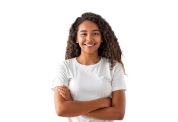 Portrait of a smiling young Brazilian woman standing with her arms crossed, isolated on transparent background