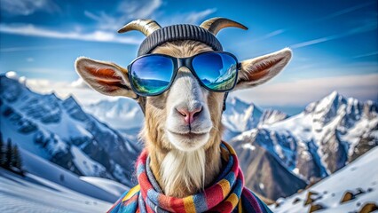 Funny goat in the mountains wearing ski goggles and winter clothes, Goat, mountains, ski goggles, winter clothes, funny, humor
