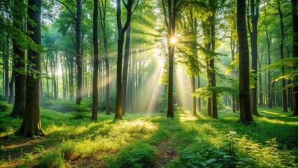 Lush and serene forest setting with sunlight filtering through the trees, Sonnenwald, woods, trees, nature, sunlight