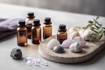 A Spa Stone Beauty Treatment with Essential Oils and sea salts. generative ai.