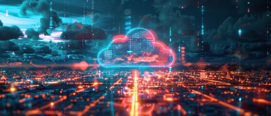 Obraz premium Futuristic Cloud Computing Hologram with Real-Time Data Visualization